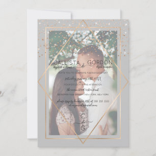 Invitation Fiançailles photo frontière Gray Gold Confetti
