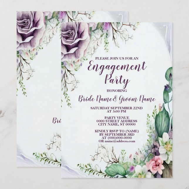 Invitation Fiançailles Purple Floral Green Foliing (Devant / Derrière)