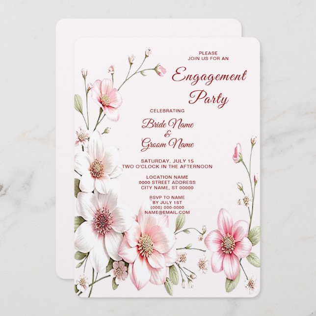 Invitation Fiançailles rose blanc élégant (Devant / Derrière)