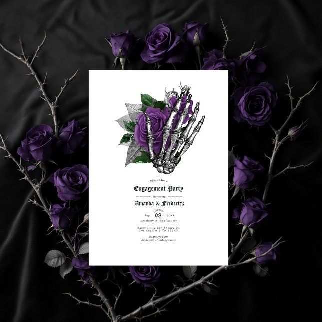 Invitation Fiançailles Rose gothique à la main et violet (Gothic Skeleton Hand and Purple Rose Engagement Invitation)