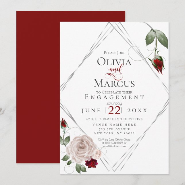 Invitation FIANÇAILLES | Roses d'aquarelle rouge et bleu du v (Devant / Derrière)