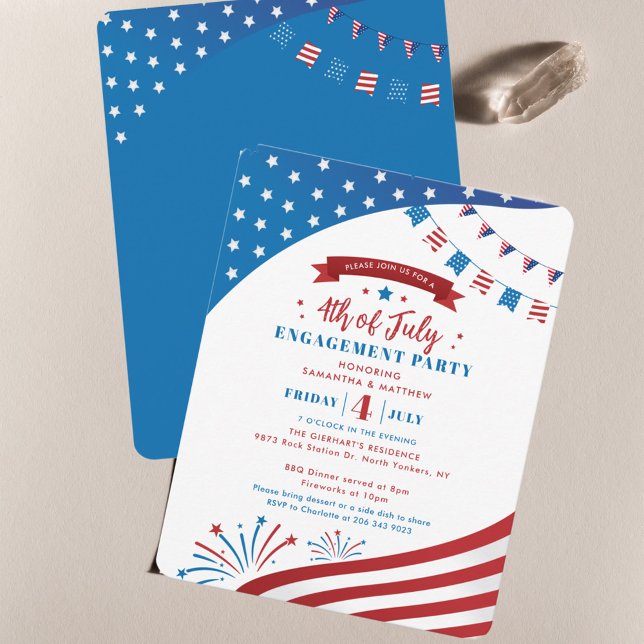 Invitation Fiançailles Summer Party Rouge Blanc Bleu 4 Juille (Elegant 4th of July Engagement Party Invitation)