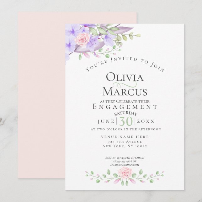 Invitation FIANÇAILLES | Watercolor Sky Blue Anemone Garden (Devant / Derrière)