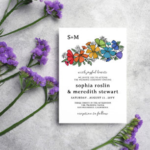 Invitation Fierté Fleurs arc-en-ciel Monogramme Mariage LGBT