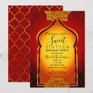 Invitation Fiery Red Gold Royal Indian Arabian Sweet 16 Party
