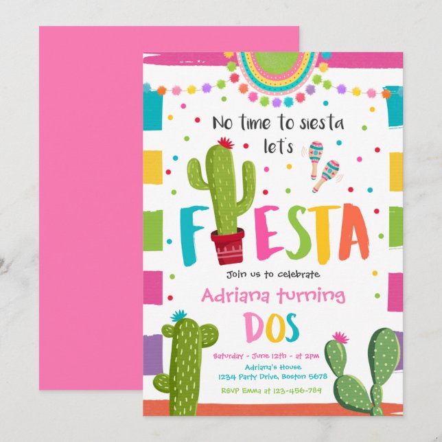 Invitation Fiesta 2e fête d'anniversaire Mexicaine Cactus Par (Devant / Derrière)