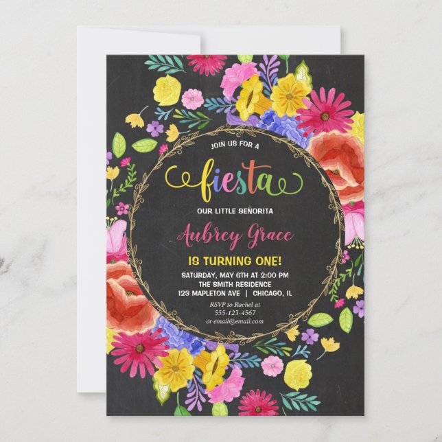 Invitation Fiesta anniversaire fille aquarelles florales (Devant)