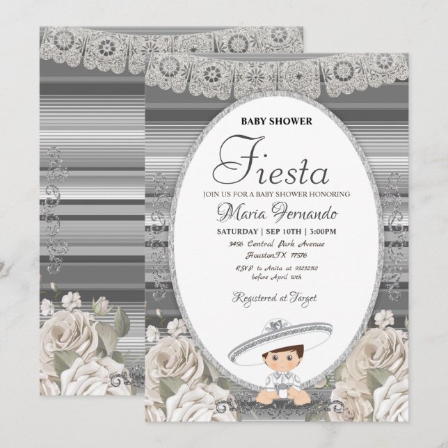 Invitation Fiesta Baby shower Charro Argent (Devant / Derrière)