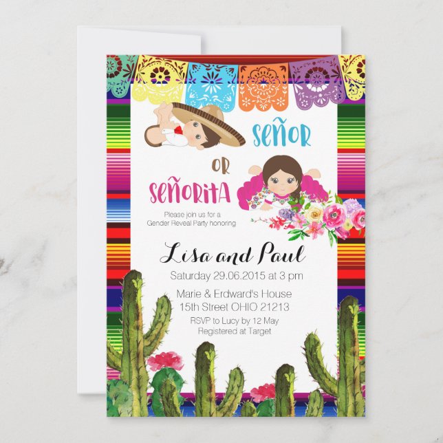 Invitation Fiesta Baby shower mexicain de révélation de genre (Devant)