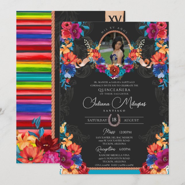 Invitation Fiesta Bright Floral et Serape Charro Quinceanera (Devant / Derrière)