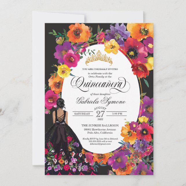 Invitation Fiesta Broderie Aquarelle Florale Quinceanera (Devant)