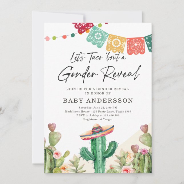 Invitation Fiesta Cactus Aquarelle Bébé Genre Reveal Party (Devant)