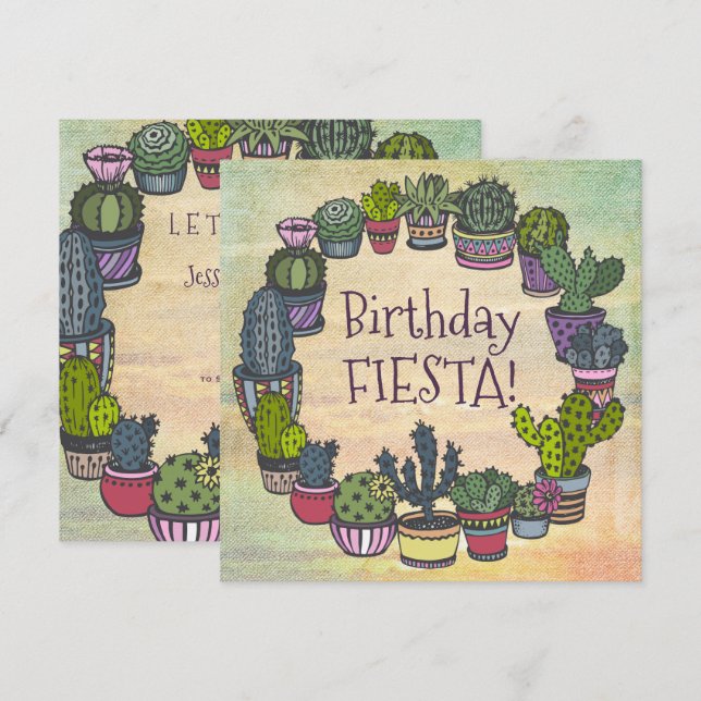 Invitation Fiesta colorée d'anniversaire de cactus (Devant / Derrière)