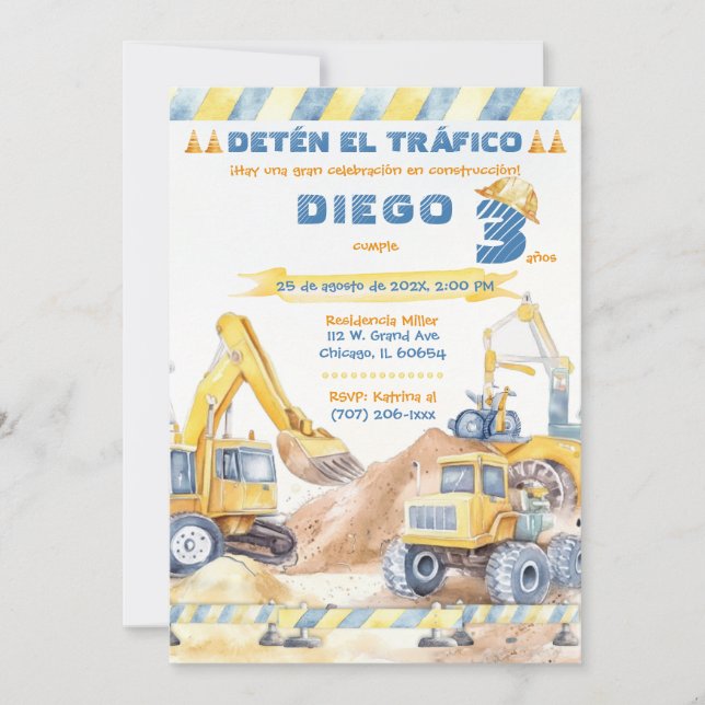 Invitation Fiesta de construction éditable 3 Ans (Devant)