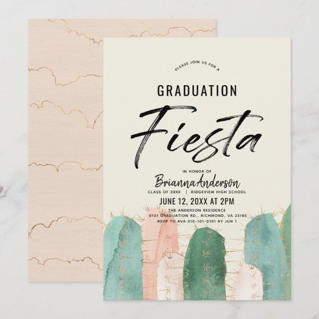 Invitation Fiesta de graduation de Cactus rose (Devant / Derrière)