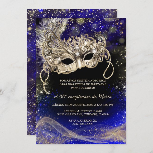 Invitation Fiesta de Máscaras 30 Cumpleaños (Devant / Derrière)