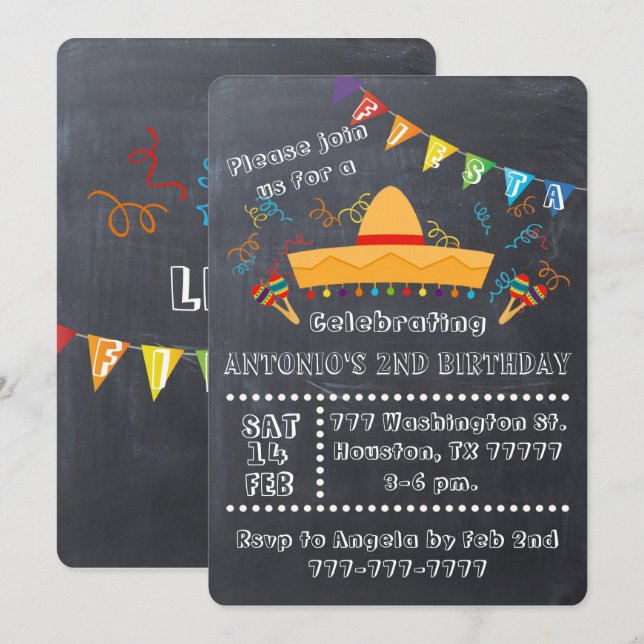 Invitation Fiesta, Fête, Anniversaire Fiesta (Devant / Derrière)