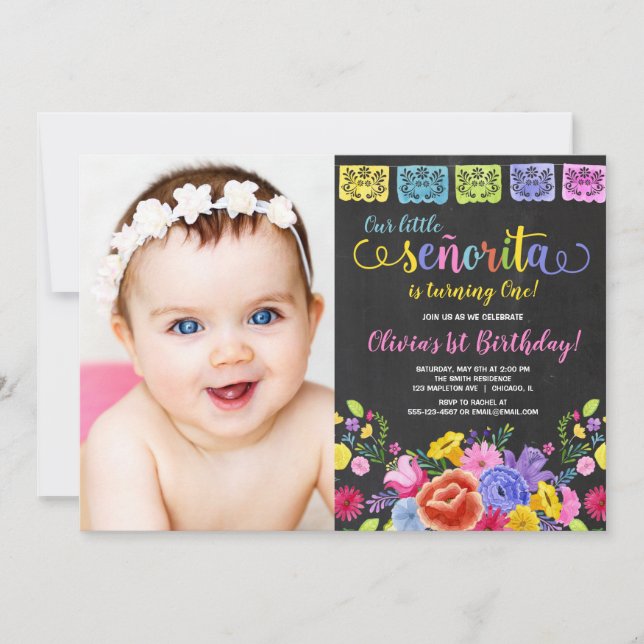 Invitation Fiesta fille anniversaire floral aquarelles photo (Devant)