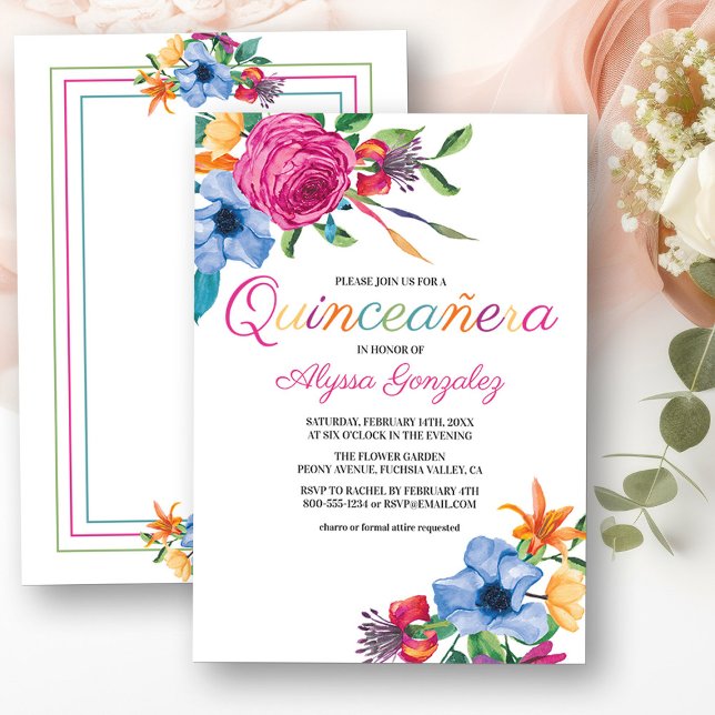 Invitation Fiesta Fleurs Aquarelle Florale Blanc Quinceanera (Quinceanera Invitation from my Fiesta Flowers Quinceanera Collection)