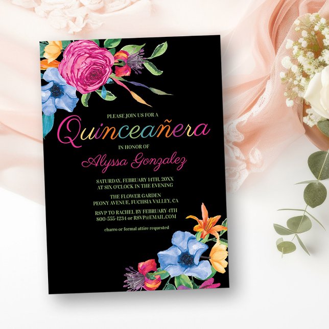 Invitation Fiesta Fleurs Aquarelle Noire Quinceanera Florale (Quinceanera Invitation from my Fiesta Flowers Quinceanera Collection)
