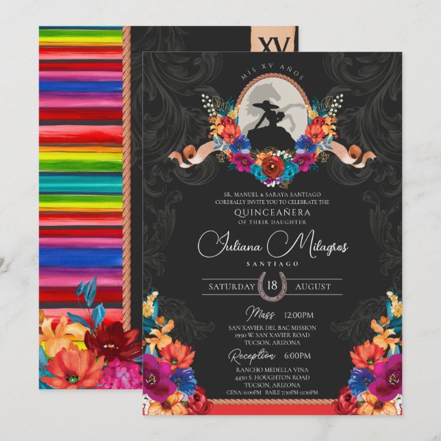 Invitation Fiesta Fleurs Lumineuses Beau Ranch Quinceañera (Devant / Derrière)
