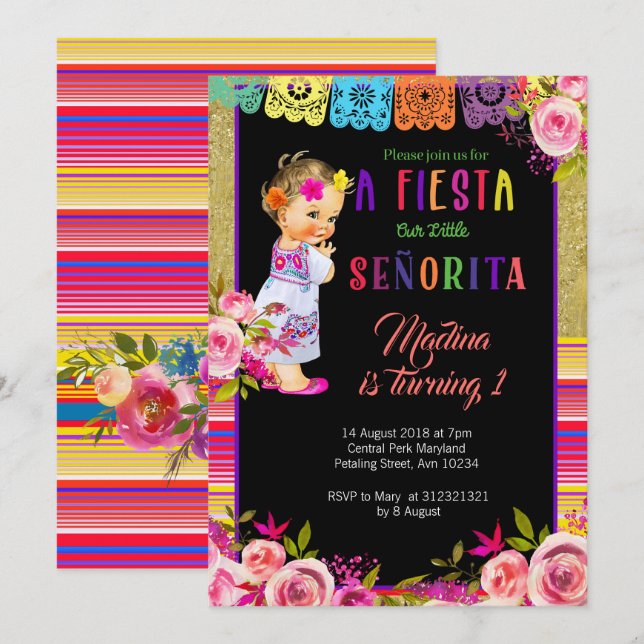 Invitation Fiesta Floral 1er anniversaire (Devant / Derrière)