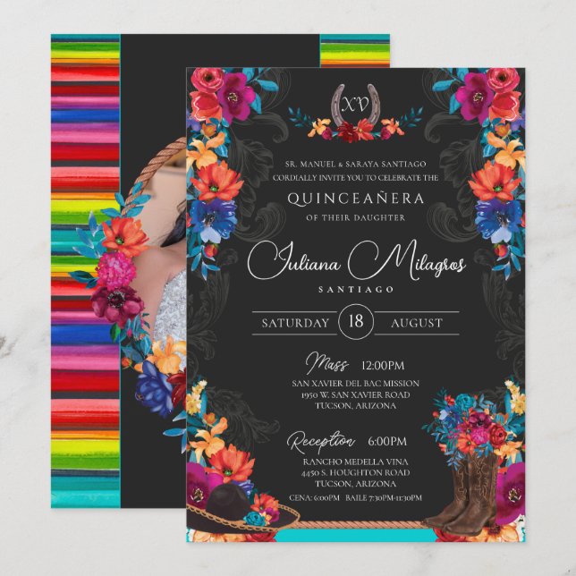 Invitation Fiesta Floral Charro mexicaine Photo Quinceanera (Devant / Derrière)