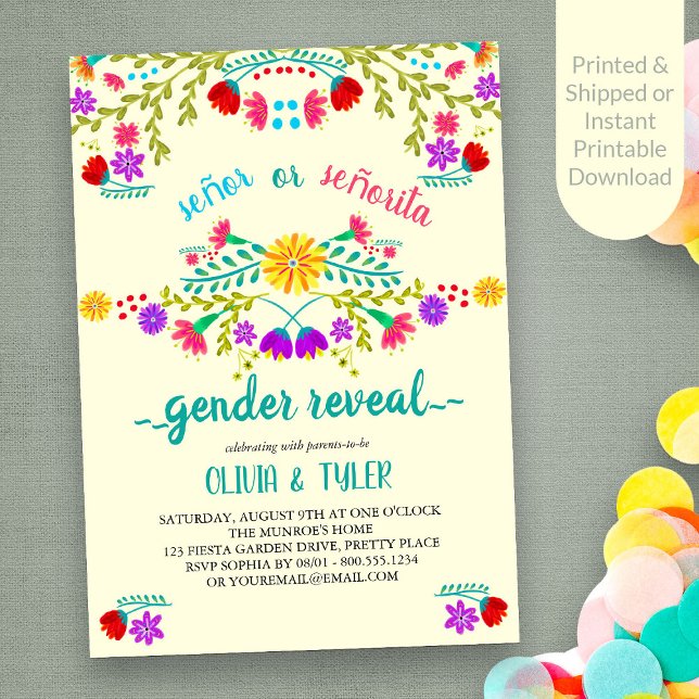 Invitation Fiesta Floral Lemon mexicain Révélation de genre c (Gender Reveal invitation with colorful Mexican Fiesta Floral design on light yellow)