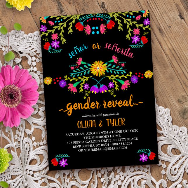 Invitation Fiesta Floral noir couleur mexicaine Révélation de (Gender reveal invitation from my Mexican Fiesta Floral collection
)
