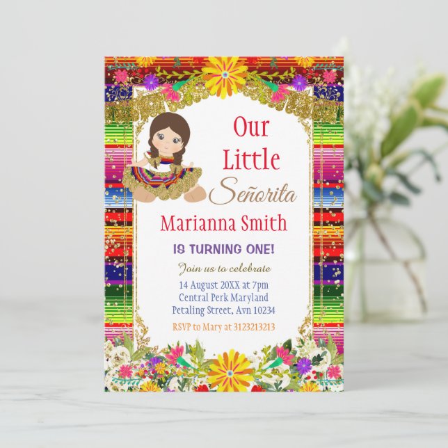 Invitation Fiesta Florale Mexicaine couleur or Fille Annivers (Debout devant)