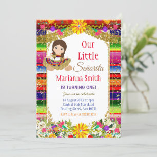 Invitation Fiesta Florale Mexicaine couleur or Fille Annivers