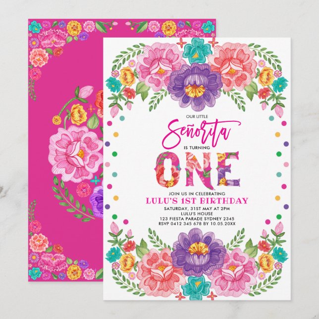 Invitation Fiesta Florale mexicaine de Little Senorita 1er an (Devant / Derrière)