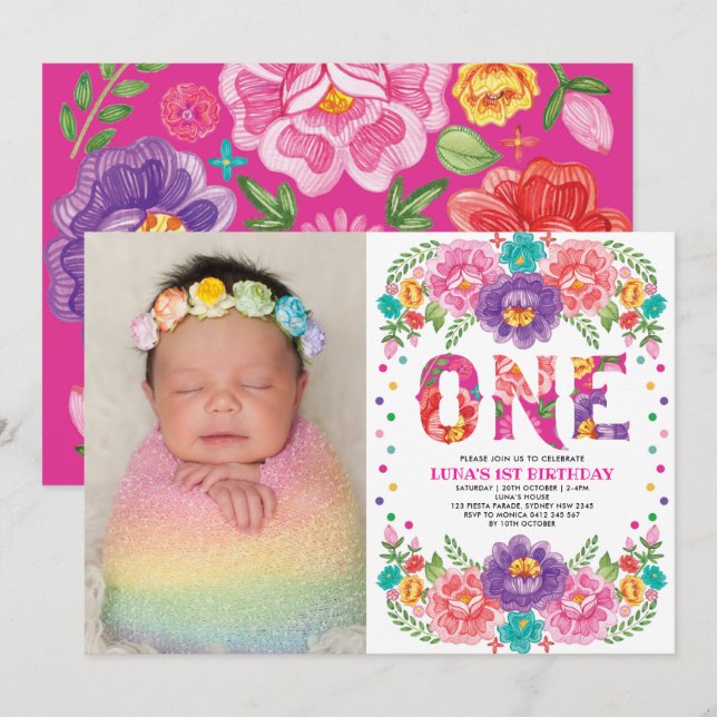 Invitation Fiesta florale mignonne Nacho 1er anniversaire en  (Devant / Derrière)