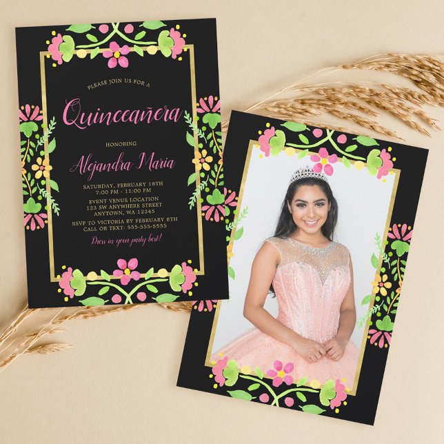 Invitation Fiesta florale Quinceanera d'or noir (Créateur téléchargé)