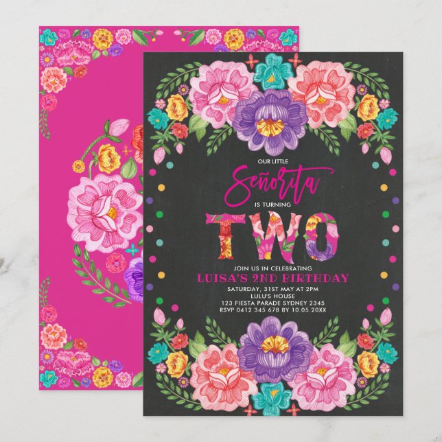Invitation Fiesta florale vivante Senorita Girl 2e anniversai (Devant / Derrière)