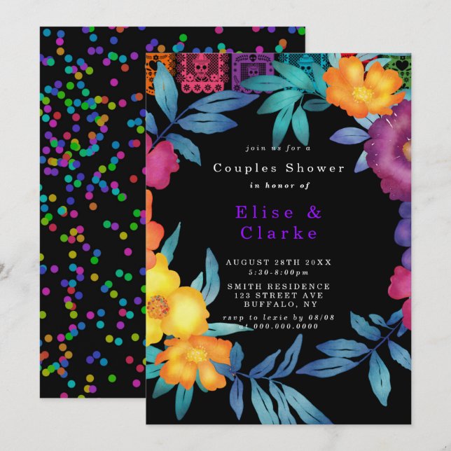 Invitation Fiesta Florals Mexicaine Douche Couple (Devant / Derrière)