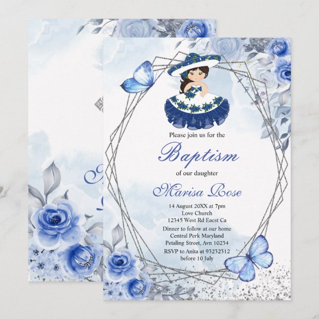 Invitation Fiesta Girl Baptême Christening Pastel Floral (Devant / Derrière)