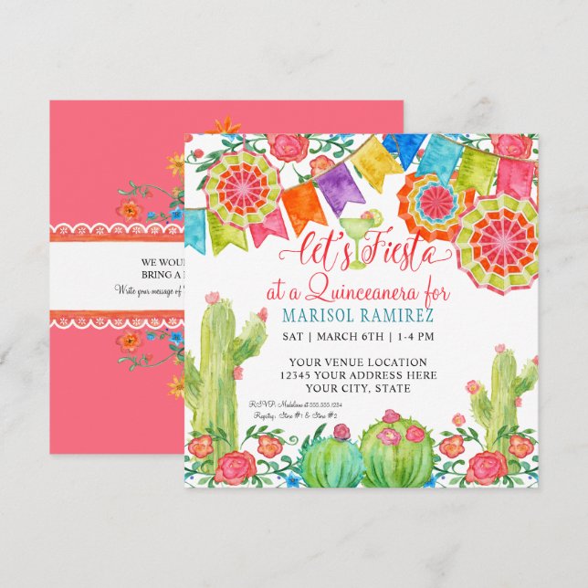 Invitation Fiesta Margarita Cactus Quince Anos Quinceanera (Devant / Derrière)