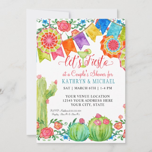 Invitation Fiesta Margarita Floral Cactus Art Couples Douche (Devant)