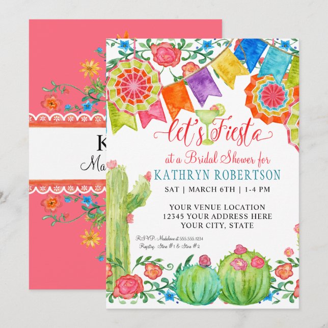Invitation Fiesta Margarita Floral Cactus Fête des mariées d' (Devant / Derrière)