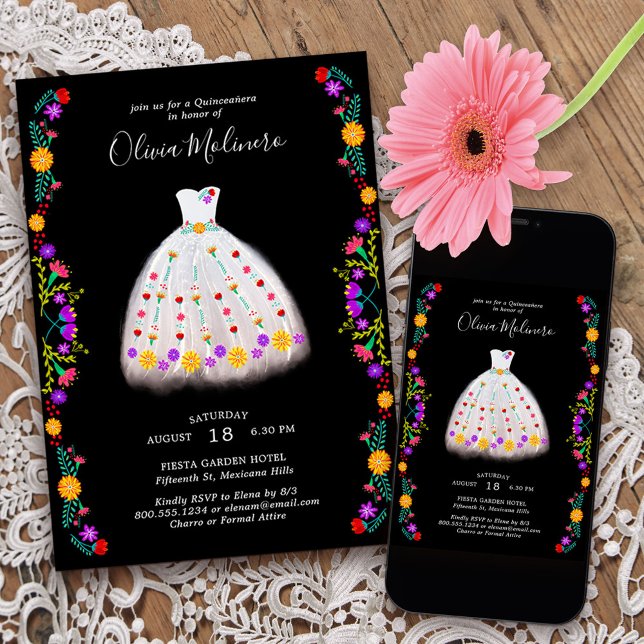 Invitation Fiesta mexicaine Princesse Florale Blanche Quincea (Princess Dress Quinceanera invitation from my Mexican Fiesta Floral collection
)
