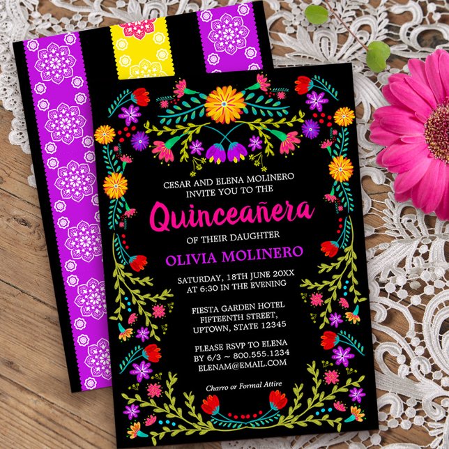 Invitation Fiesta noire mexicaine Folk Art Floral Quinceanera (Quinceanera invitation from my Mexican Fiesta Floral collection
)
