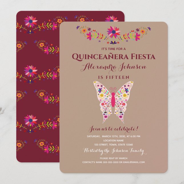 Invitation Fiesta papillon mexicain Quinceañera (Devant / Derrière)