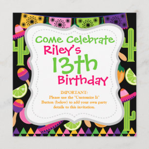 Invitation Fiesta Party Sombrero Cactus Lims Peppers Maracas