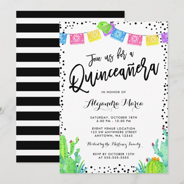Invitation Fiesta Quinceanera mexicaine moderne (Devant / Derrière)