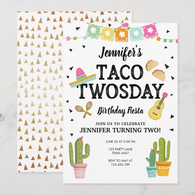 Invitation Fiesta Taco Twosday Cactus Girl 2e fête d'annivers (Devant / Derrière)
