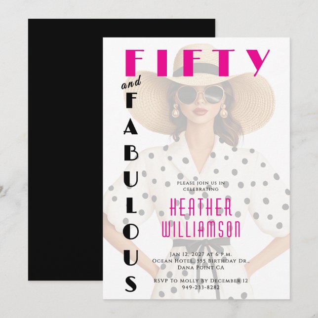 Invitation Fifty and Fabulous Black Pink 50th Birthday  (Devant / Derrière)