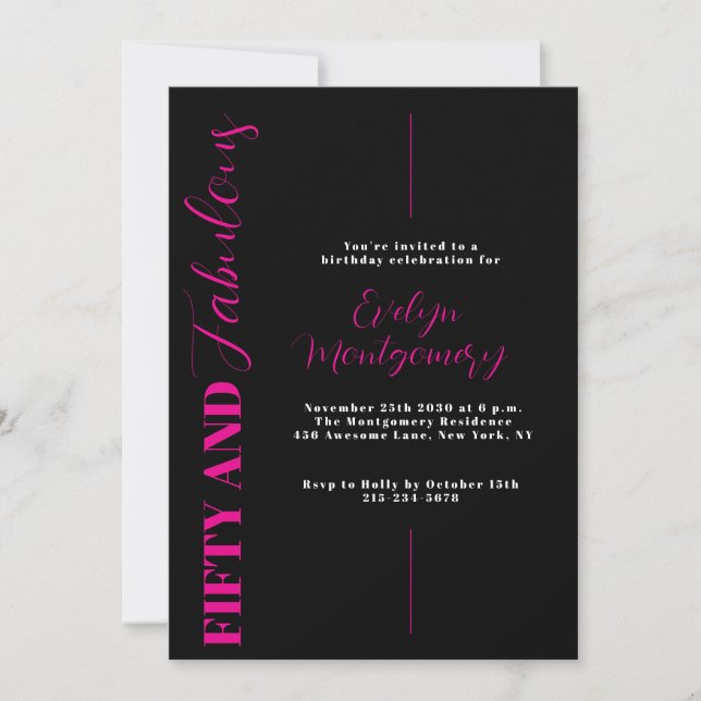 Invitation Fifty and Fabulous Black Pink 50th Birthday Party  (Devant)