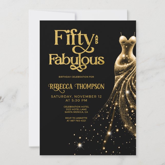 Invitation Fifty and Fabulous Gold Dress Black 50th Birthday (Devant)