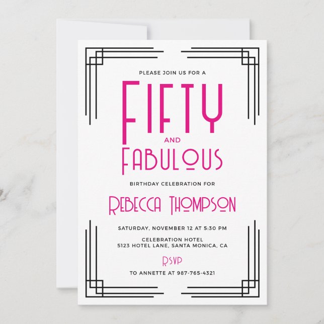 Invitation Fifty and Fabulous Hot Pink Art Deco 50th Birthday (Devant)